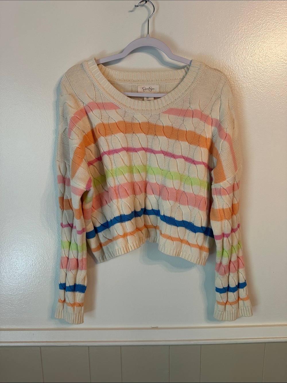 Jessica Simpson Cream Cable Knit Cropped Crewneck with Colorful Stripes Size L